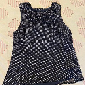 J.Crew Navy Polka Dot Ruffle Neck Top